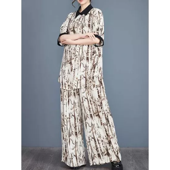 High-Low Buttoned Half Sleeves Pleated Printed Split-Side Lapel Blouses Top + Elasticity Pants Bottom Two Pieces Set