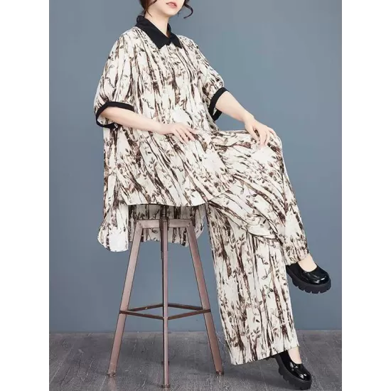 High-Low Buttoned Half Sleeves Pleated Printed Split-Side Lapel Blouses Top + Elasticity Pants Bottom Two Pieces Set