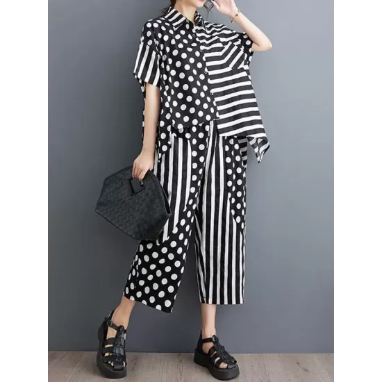 High-Low Asymmetric Half Sleeves Contrast Color Polka-Dot Split-Side Striped Lapel Blouses Top + Pants Bottom Two Pieces Set