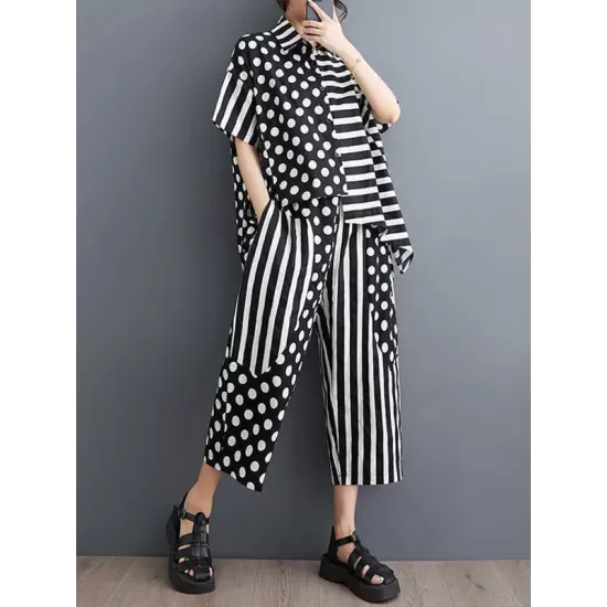 High-Low Asymmetric Half Sleeves Contrast Color Polka-Dot Split-Side Striped Lapel Blouses Top + Pants Bottom Two Pieces Set