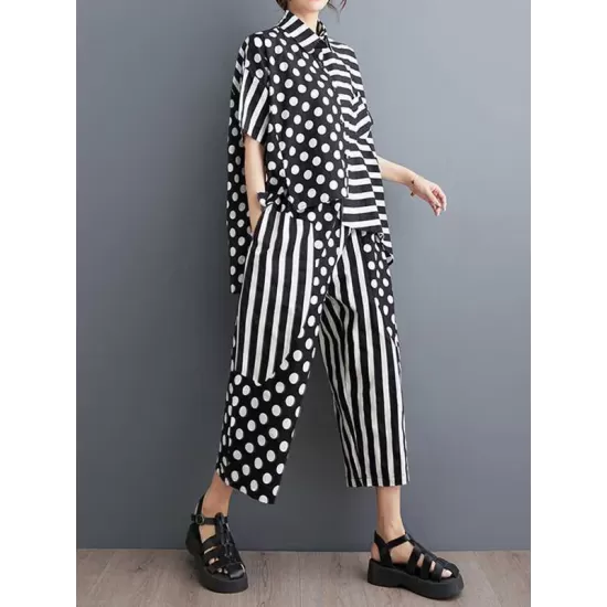 High-Low Asymmetric Half Sleeves Contrast Color Polka-Dot Split-Side Striped Lapel Blouses Top + Pants Bottom Two Pieces Set