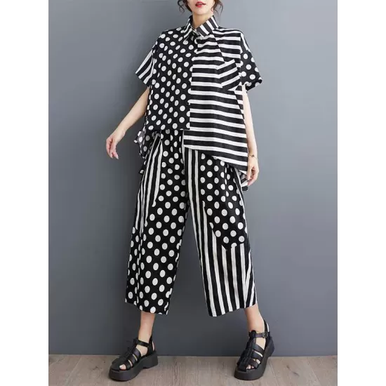 High-Low Asymmetric Half Sleeves Contrast Color Polka-Dot Split-Side Striped Lapel Blouses Top + Pants Bottom Two Pieces Set