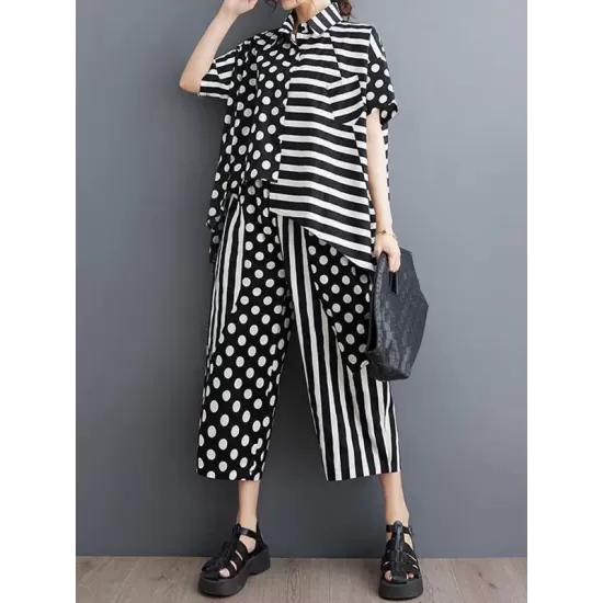 High-Low Asymmetric Half Sleeves Contrast Color Polka-Dot Split-Side Striped Lapel Blouses Top + Pants Bottom Two Pieces Set