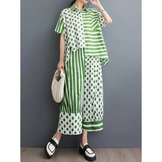 High-Low Asymmetric Half Sleeves Contrast Color Polka-Dot Split-Side Striped Lapel Blouses Top + Pants Bottom Two Pieces Set