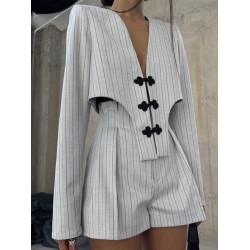 Long Sleeves Knot Split-Joint Striped Deep V-Neck Blouse + High Waisted Pleated Wide Leg Shorts Two Pieces Set