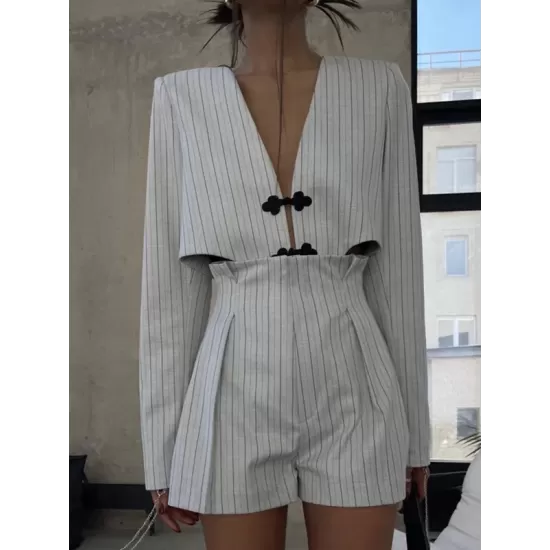 Long Sleeves Knot Split-Joint Striped Deep V-Neck Blouse + High Waisted Pleated Wide Leg Shorts Two Pieces Set