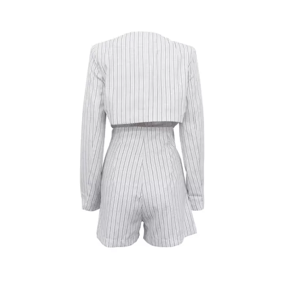 Long Sleeves Knot Split-Joint Striped Deep V-Neck Blouse + High Waisted Pleated Wide Leg Shorts Two Pieces Set