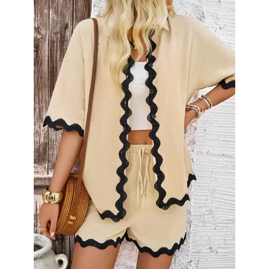 Loose Short Sleeves Split-Joint Lapel Blouse + Drawstring Elasticity Shorts Two Pieces Set