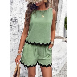 Loose Sleeveless Split-Joint Round-neck Vest + Wide Leg Shorts Two Pieces Set