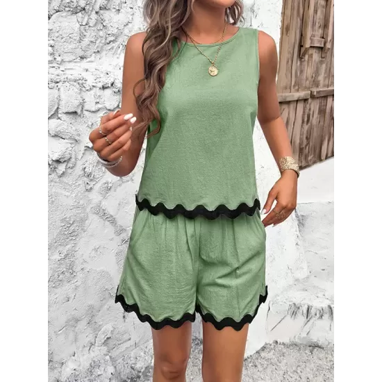 Loose Sleeveless Split-Joint Round-neck Vest + Wide Leg Shorts Two Pieces Set