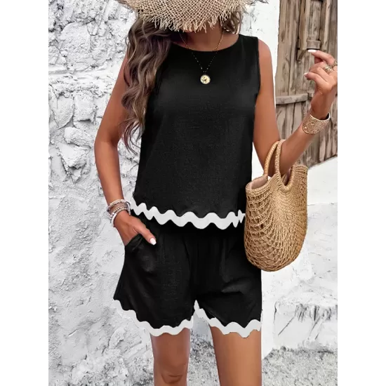 Loose Sleeveless Split-Joint Round-neck Vest + Wide Leg Shorts Two Pieces Set