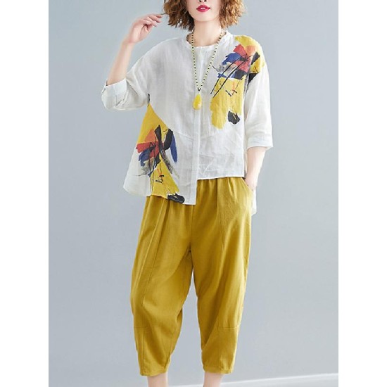 Printed Shirt + Solid Wide Leg Pants