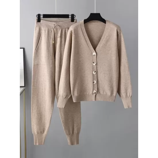 Casual Loose Solid Color V-Neck Cardigan Tops & Harem Pants Two Pieces Set