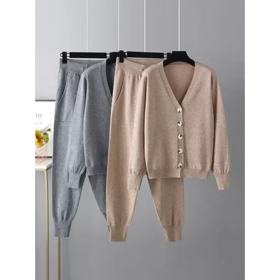 Casual Loose Solid Color V-Neck Cardigan Tops & Harem Pants Two Pieces Set