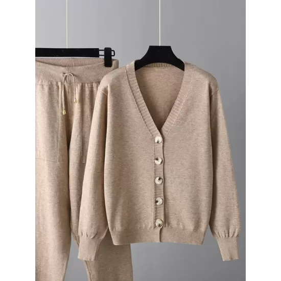 Casual Loose Solid Color V-Neck Cardigan Tops & Harem Pants Two Pieces Set