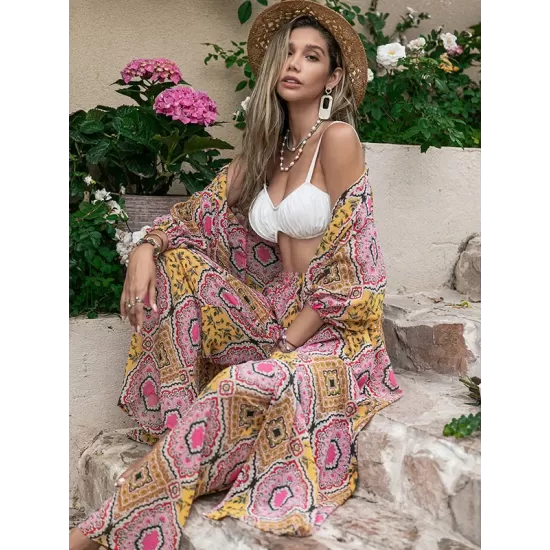 Vacation Loose Long Sleeves Floral Printed Two Pieces Set