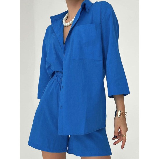 Drawstring Elasticity High-Waisted Solid Color Split-Joint Long Sleeves Loose Lapel Two Pieces Set