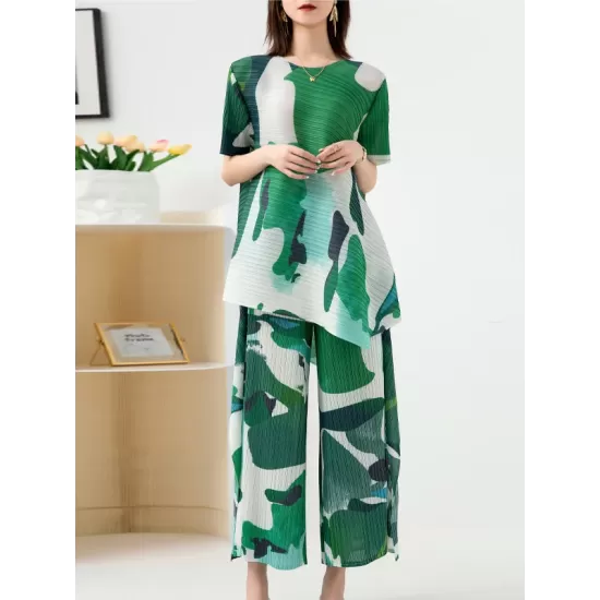 Original Loose Short Sleeves Contrast Color Printed Round-Neck T-Shirt Tops&Wide Legs Pants Two Pieces Set