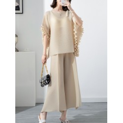 Casual Loose Pleated Solid Color Round-Neck T-Shirt Top&Wide Legs Pants Two Pieces Set