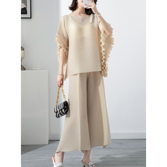 Casual Loose Pleated Solid Color Round-Neck T-Shirt Top&Wide Legs Pants Two Pieces Set