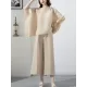 Casual Loose Pleated Solid Color Round-Neck T-Shirt Top&Wide Legs Pants Two Pieces Set