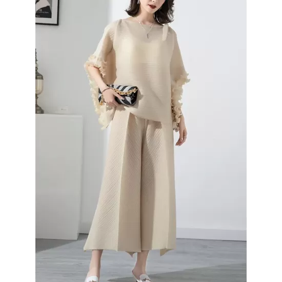 Casual Loose Pleated Solid Color Round-Neck T-Shirt Top&Wide Legs Pants Two Pieces Set