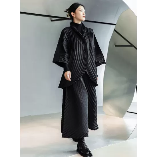 Urban Solid Color Pleated Outerwear&Pants Two Pieces Set