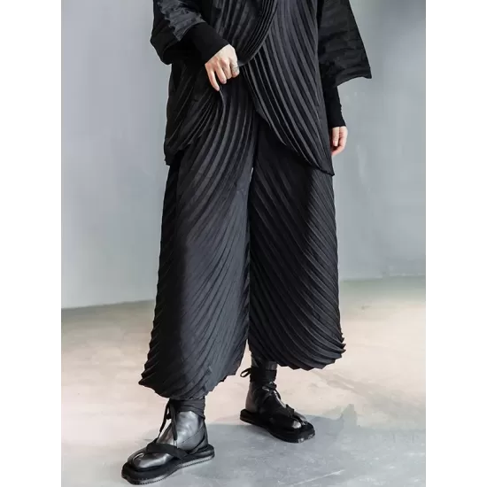 Urban Solid Color Pleated Outerwear&Pants Two Pieces Set