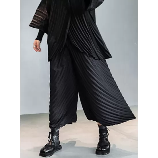 Urban Solid Color Pleated Outerwear&Pants Two Pieces Set