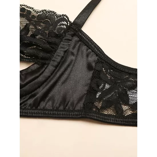 Sexy Lace See-Through Underwired Three-Piece Lingerie Set