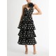 Layered Pleated Polka-Dot Ruffle Trim Split-Joint Three-Dimensional Flower Zipper High Waisted Sleeveless Spaghetti-Neck Midi Dresses