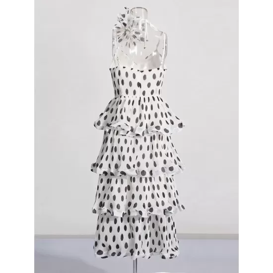 Layered Pleated Polka-Dot Ruffle Trim Split-Joint Three-Dimensional Flower Zipper High Waisted Sleeveless Spaghetti-Neck Midi Dresses