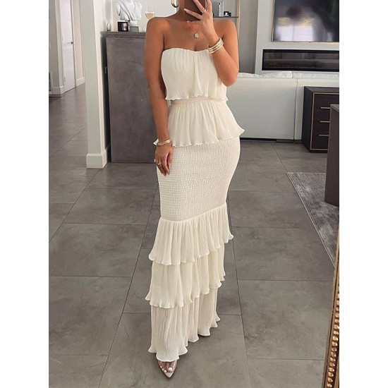 Elasticity Pleated Split-Joint Bodycon Sleeveless Tube Maxi Dresses