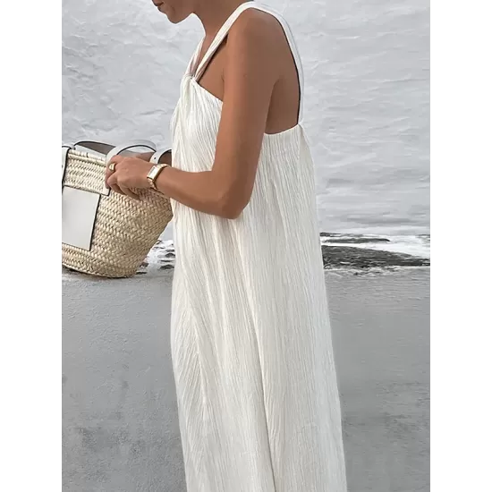 Pleated Solid Color Loose Sleeveless Spaghetti-Neck Maxi Dresses