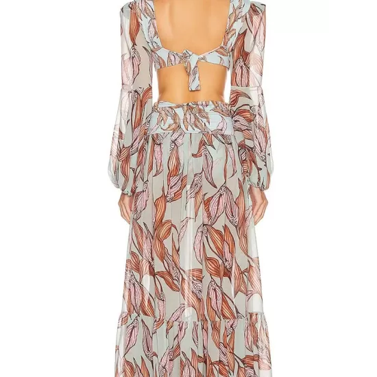 Floral-Print Bandage Puff Sleeves Asymmetric Bohemian Maxi Dress