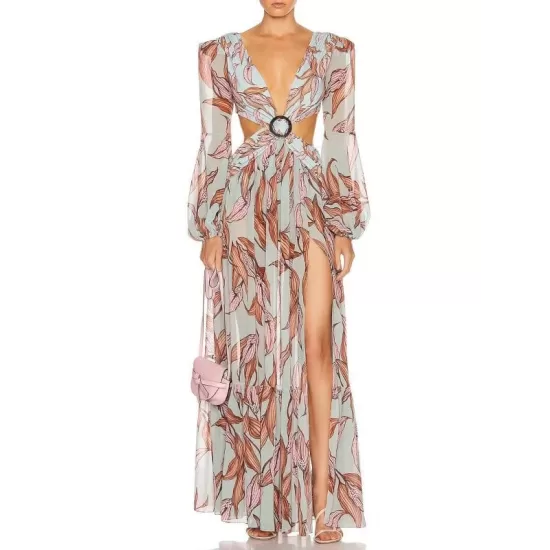 Floral-Print Bandage Puff Sleeves Asymmetric Bohemian Maxi Dress