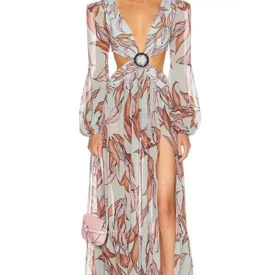 Floral-Print Bandage Puff Sleeves Asymmetric Bohemian Maxi Dress