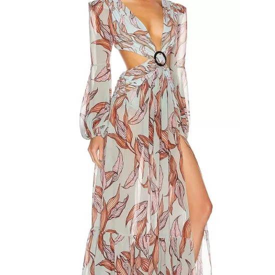 Floral-Print Bandage Puff Sleeves Asymmetric Bohemian Maxi Dress