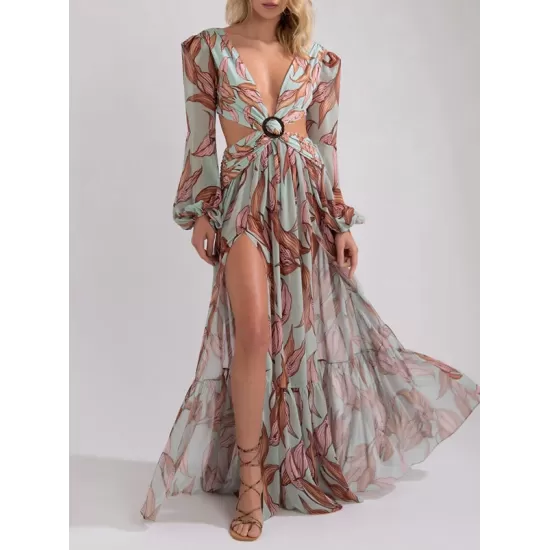 Floral-Print Bandage Puff Sleeves Asymmetric Bohemian Maxi Dress