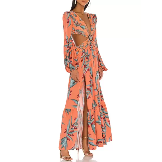 Floral-Print Bandage Puff Sleeves Asymmetric Bohemian Maxi Dress