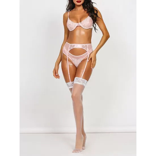 Sexy Lace Split-Joint Underwired Three-Piece Lingerie Set