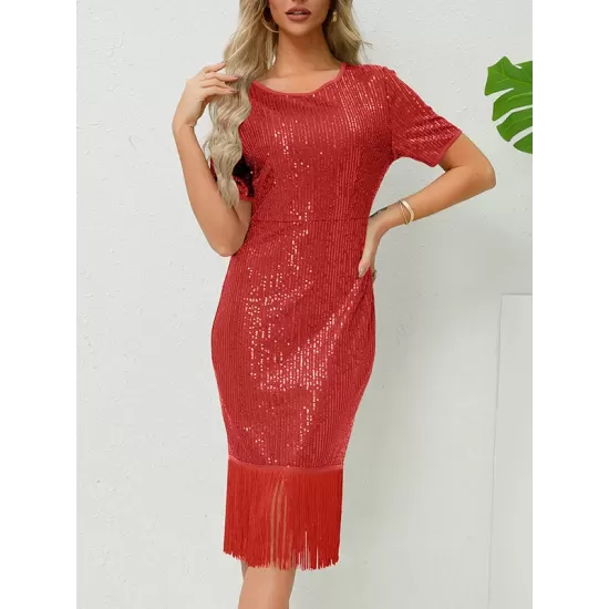 Sequined Shiny Solid Color Split-Joint Tasseled Bodycon Short Sleeves Round-Neck Midi Dresses