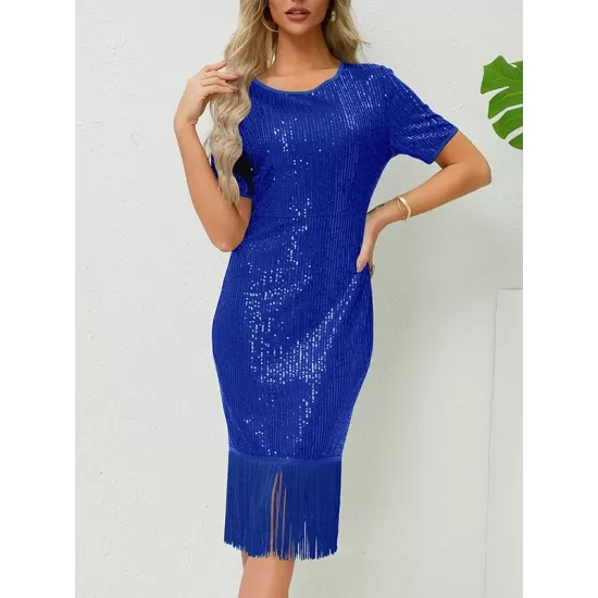 Sequined Shiny Solid Color Split-Joint Tasseled Bodycon Short Sleeves Round-Neck Midi Dresses