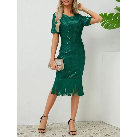 Sequined Shiny Solid Color Split-Joint Tasseled Bodycon Short Sleeves Round-Neck Midi Dresses