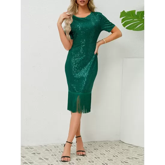 Sequined Shiny Solid Color Split-Joint Tasseled Bodycon Short Sleeves Round-Neck Midi Dresses