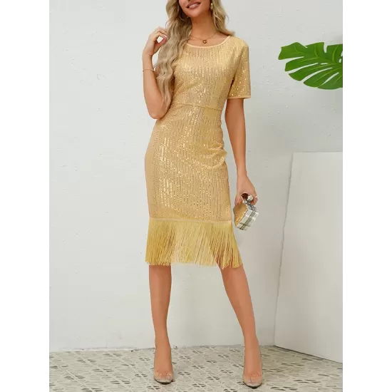 Sequined Shiny Solid Color Split-Joint Tasseled Bodycon Short Sleeves Round-Neck Midi Dresses