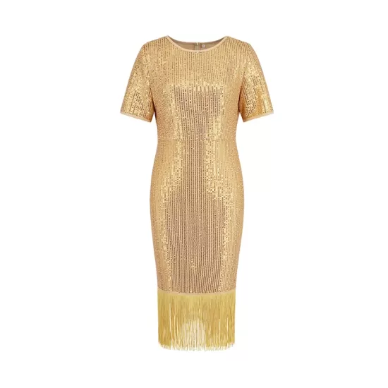 Sequined Shiny Solid Color Split-Joint Tasseled Bodycon Short Sleeves Round-Neck Midi Dresses