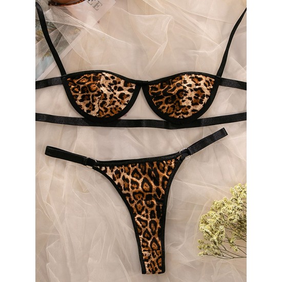 Sexy Leopard Print Hollow Bandage Erotic Lingerie