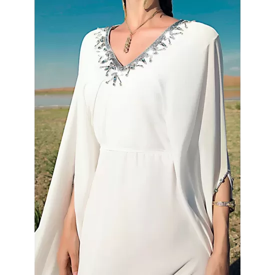 White V-Neck Evening Dress