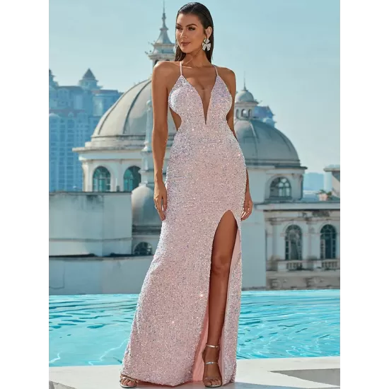 Evening Wrap Sequined Backless Dress